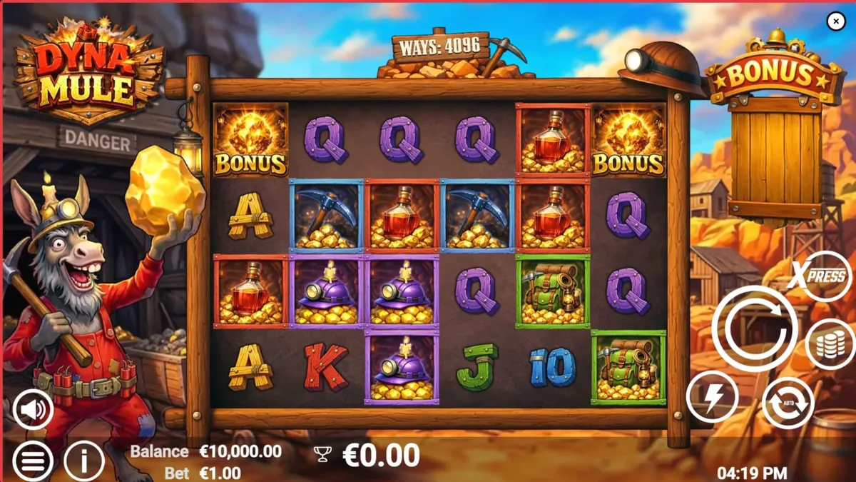 Giao diện trò chơi slot Dyna Mule với chủ đề khai thác mỏ và các biểu tượng Wild cơ khí